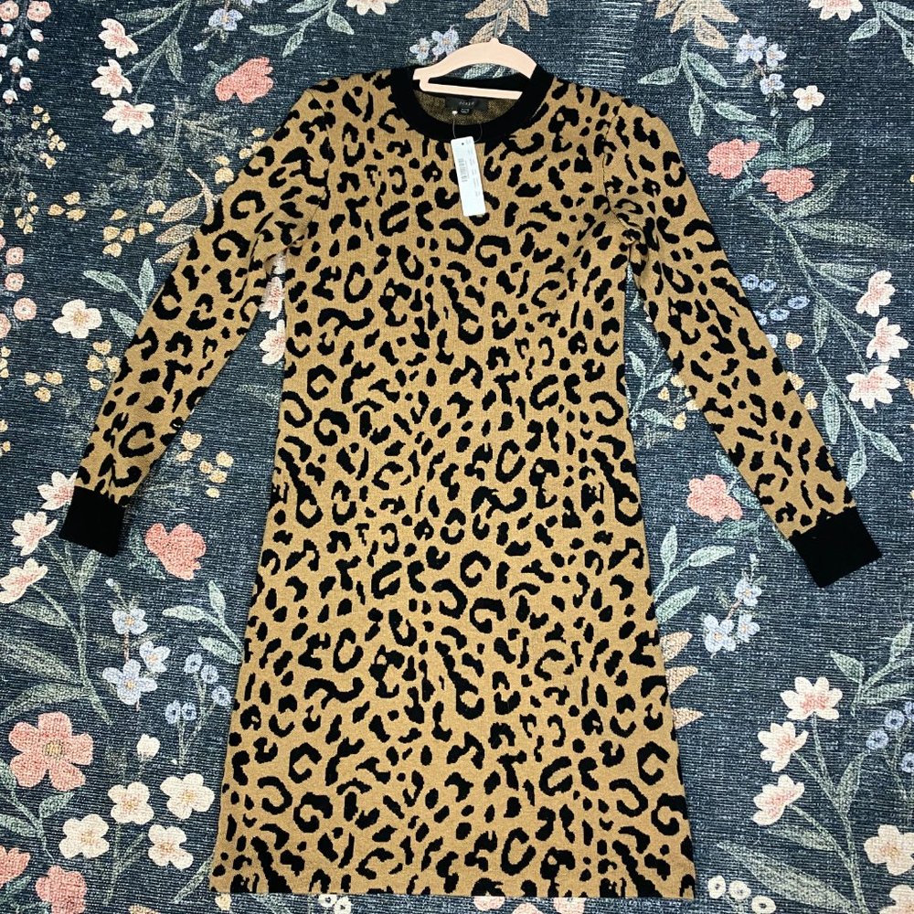 NWT J Crew Sweater Dress Long Sleeve Leopard Print Cheetah, Size XS